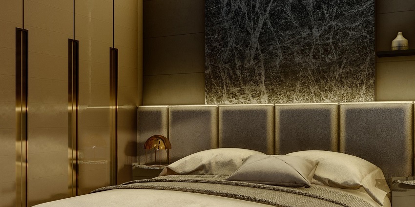 Luxurious bedroom with a plush bed, ambient lighting, and elegant modern decor elements.