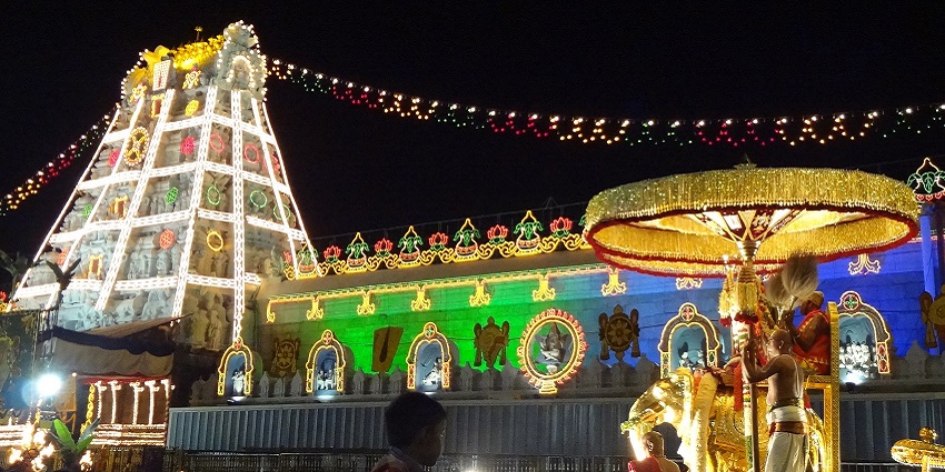 A decorated Venkateswara Vishnu Temple during the Brahmotsavam Festival in Andhra Pradesh.