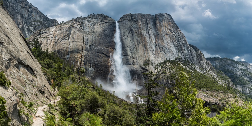 A striking, multi-tiered waterfall in California’s Yosemite National Park, best seen in spring.