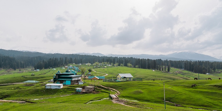 Yousmarg Valley with different building structures in a green landscape and animals grazing