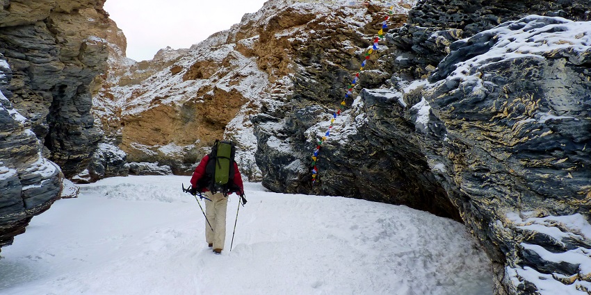 The frozen Zanskar River in Ladakh, a top site to experience frozen trekking in December.