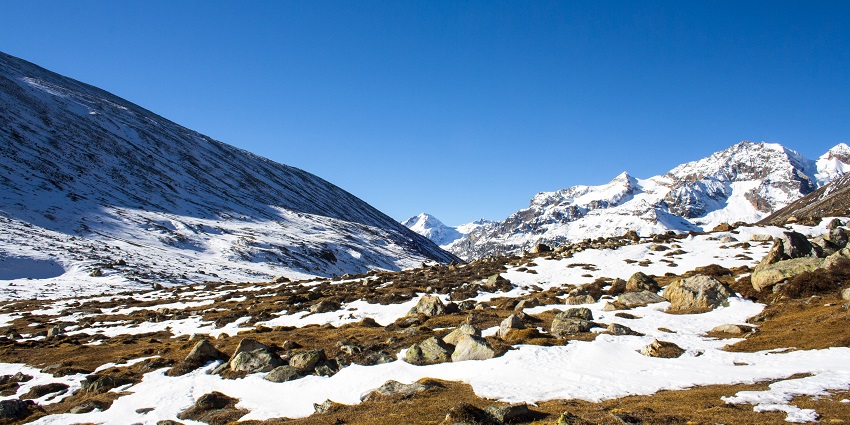 The panoramic view of Zero Point surrounded by mountain ranges covered with snow.