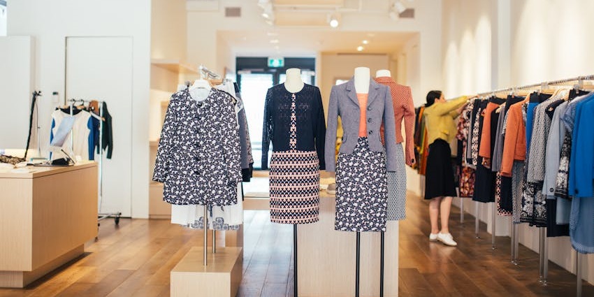 A trendy shopping hub with clothing stores, cafes, and beachwear shops.