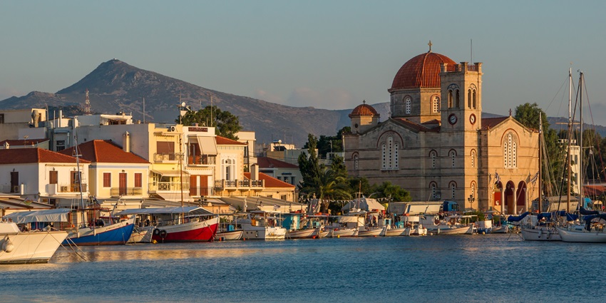 An image of the Aegina Harbour at an island near Athens, captured during the sunset.