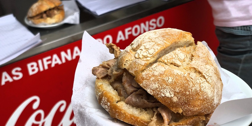 An image of Bifana, marinated pork slices with spices among the street food in Portugal.