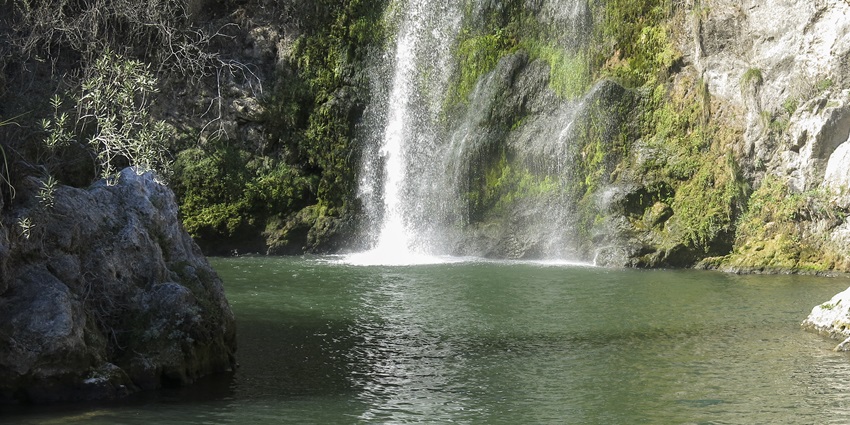 A picture of a waterfall slowly cascading down a tall hill into a pool of water, surrounded by verdant greenery