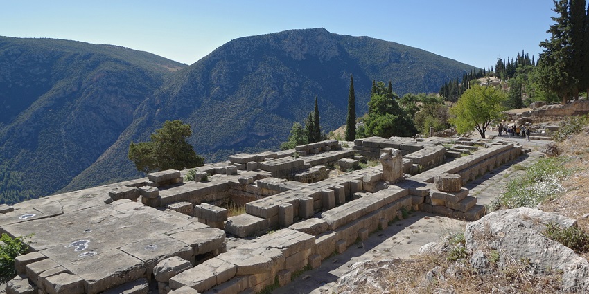 Delphi, a sacred site and an archaeological place to visit near Athens perched in hills.