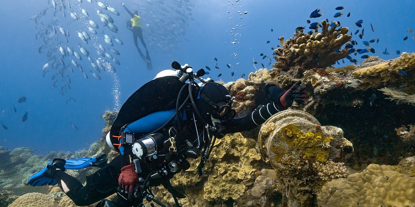 An underwater view of the Fujikawa Maru shipwreck in Chuuk Lagoon, a top diving site. Things to do in Chuuk Lagoon.