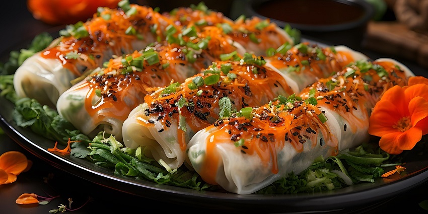 Rolls are served with red sauce and toppings of various herbs and spices on a black plate.