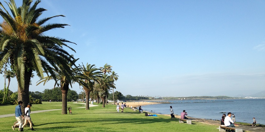 Image of a park near the beach area and people strolling around, relaxing with their beloved ones