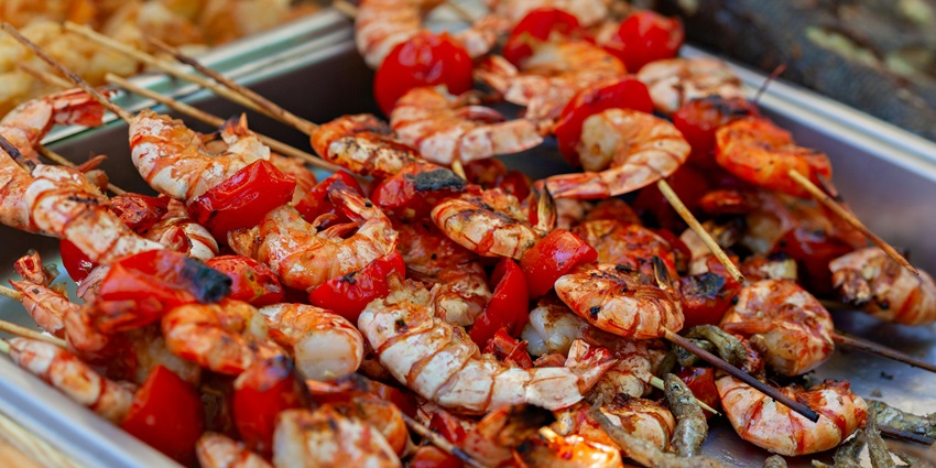 Image of Skewers on the Stainless Tray - enjoy fresh seafood at local shops in Isla de Providencia