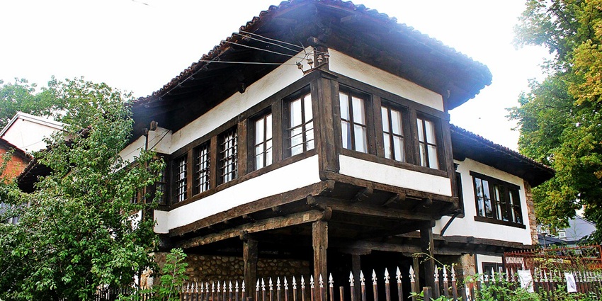 Traditional Ottoman-style two-storey house of the Ethnological Museum in Pejë, Kosovo.
