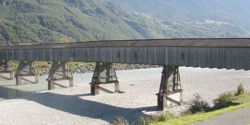 Panoramic image the old rhine bridge which connect Vaduz with Switzerland–things to fo in Vaduz