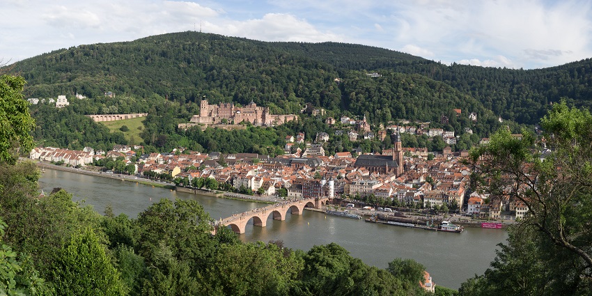 View from Königstuhl mountain's summit overlooking Heidelberg's Old Town and castle.