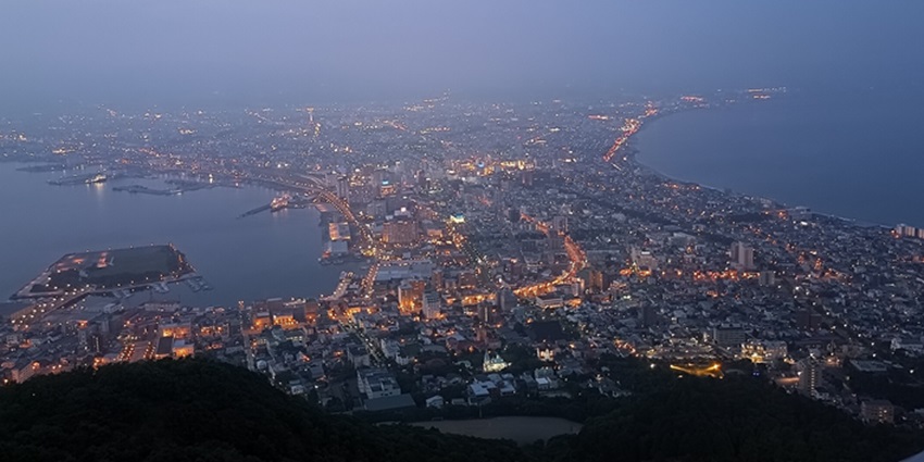 An aerial view of the city of Hakodate witnessed from Mount Hakodate, a peak in Hokkaido.