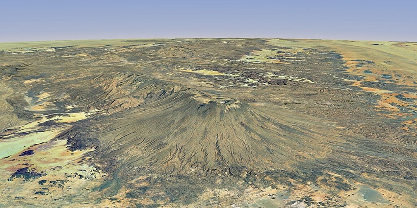 A stunning aerial view of a majestic volcano in the centre of Sahara Desert, Chad