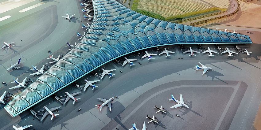 A view of Kuwait International Airport with modern infrastructure and arriving flights.