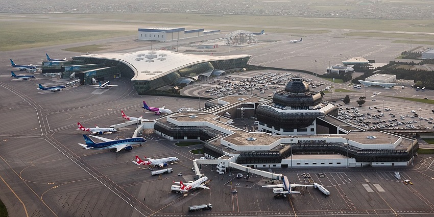 Aerial view of Heydar Aliyev International Airport, offering foreigners access to the main destination in Baku.