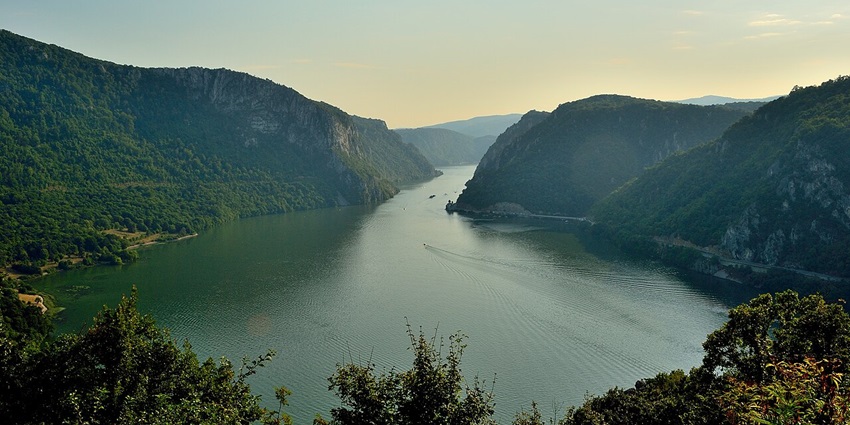 Scenic view of Djerdap (Iron Gate) Gorge with steep cliffs and the Danube River.