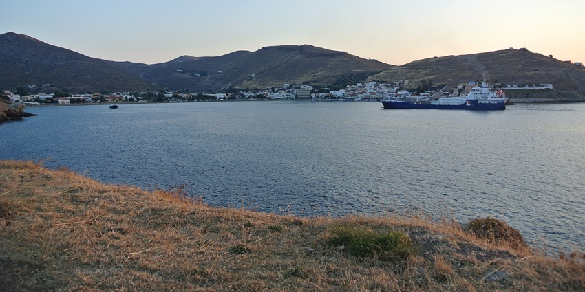 A town on the Kea Islands as seen from one of the beaches in Coressia Village in Greece.