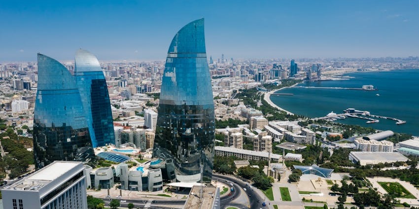 Panoramic view of the capital, Baku, with the Flame Towers standing tall in the background.