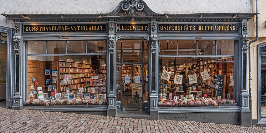 An old bookshop with a marvellous detailed exterior architectural design during the daylight