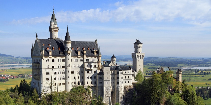 Neuschwanstein Castle stunning view from Marienbrücke Bridge in Bavaria, Germany