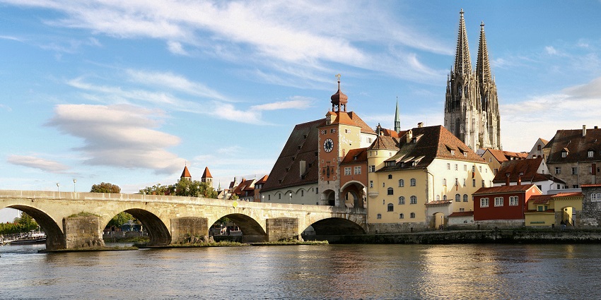 Regensburg's cityscape features the medieval Stone Bridge, one of the best places to visit near Munich.