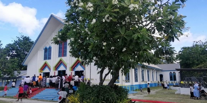 Panoramic image of the beautiful Sacred Heart Cathedral, the gem of Kiribati Islands