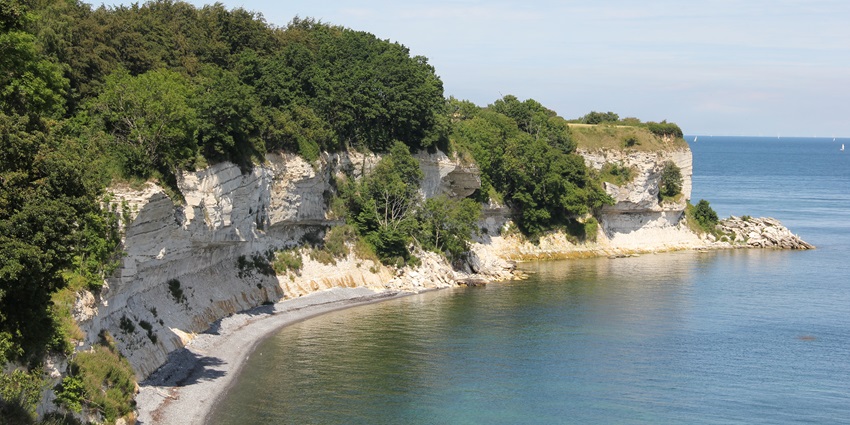 Dramatic chalk cliffs of Stevns Klint rising above blue Baltic Sea under clear sky