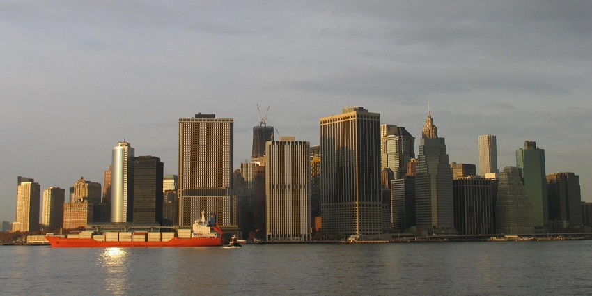 View of Manhattan’s Financial District from a Water Taxi, showcasing iconic skyscrapers