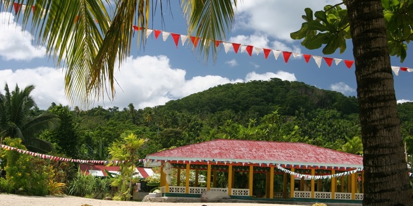 A serene view of Manono Island with palm-fringed beaches and turquoise waters.