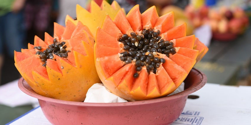 A beautiful and mouth-watering display of fruit salad amongst street food in Praca Sao Salvador.