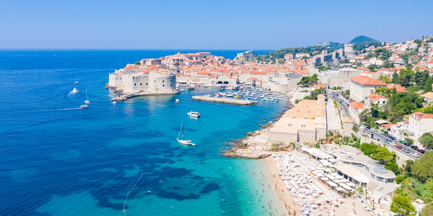 Panoramic view of the beautiful Banje Beach in the old town of Dubrovnik