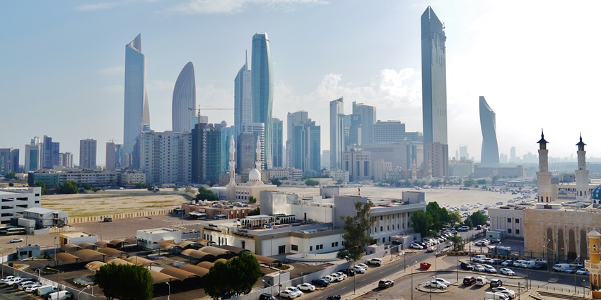 Panoramic picture of the iconic skylines of the Kuwait city amidst the arabian desert