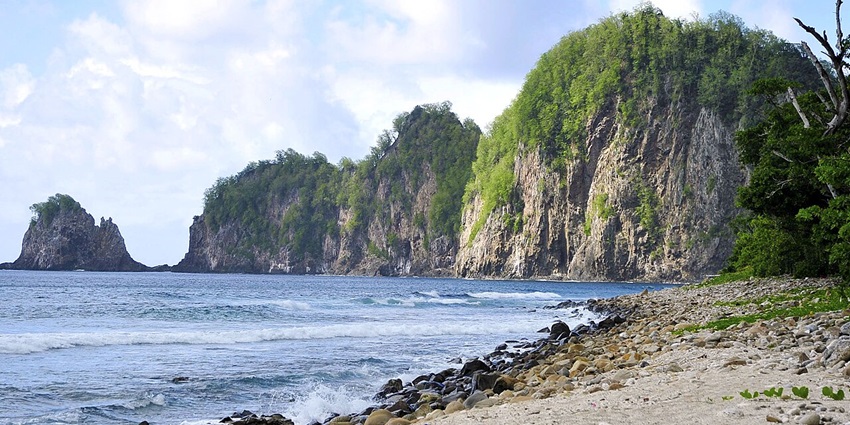 A picture of a majestic coastline in American Samoa, surrounded by lush greenery