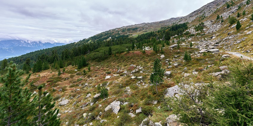 Zirbenweg trail, showcasing expansive alpine scenery with rugged peaks and valleys