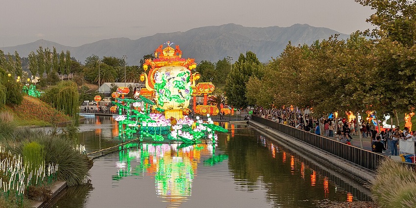 Streets glowing with lights, lanterns, and festive decorations during Fiesta de las Luces in Chile