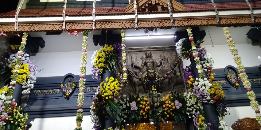 View of Illuminated and decorated dxterior of Ayyappa Temple, Rasta Peth in Pune