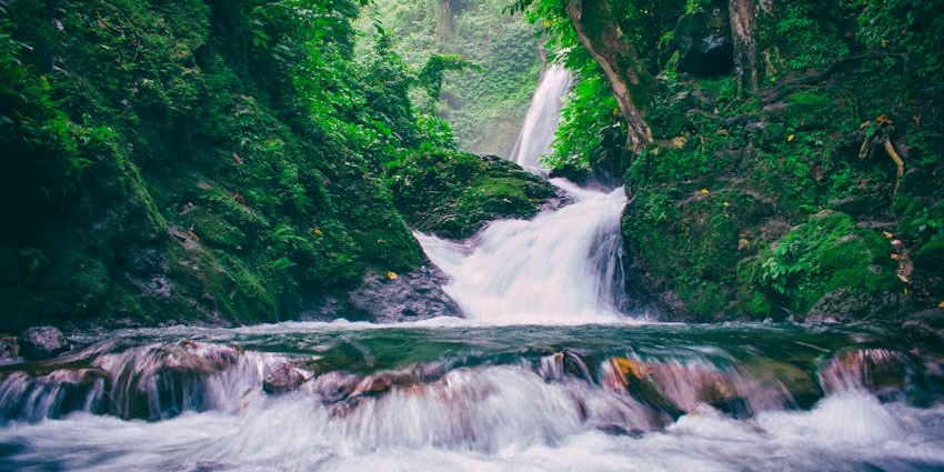 A waterfall and stream surrounded by greenery in one of the valleys in China.