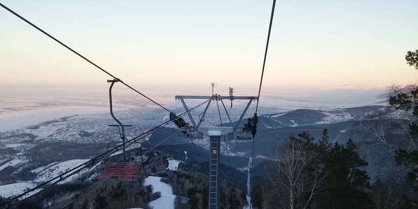 An expansive view of Belokurikha from a cable car in the Siberian region of Russia.