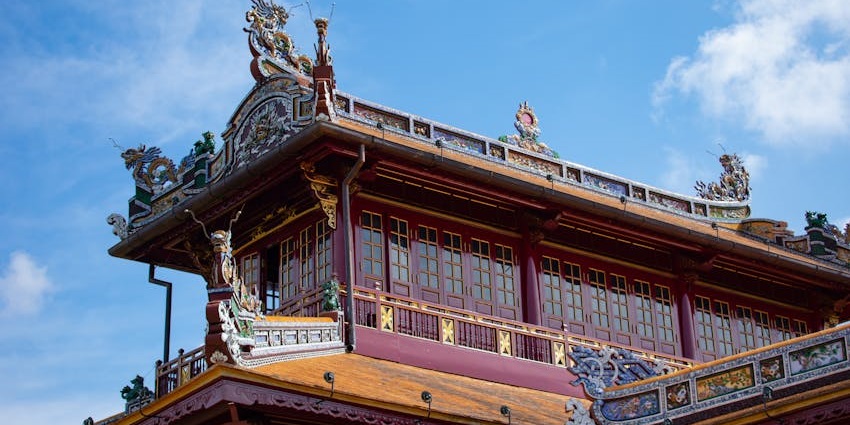 Imperial Citadel of Thang Long during sunset with golden lighting on ancient architecture
