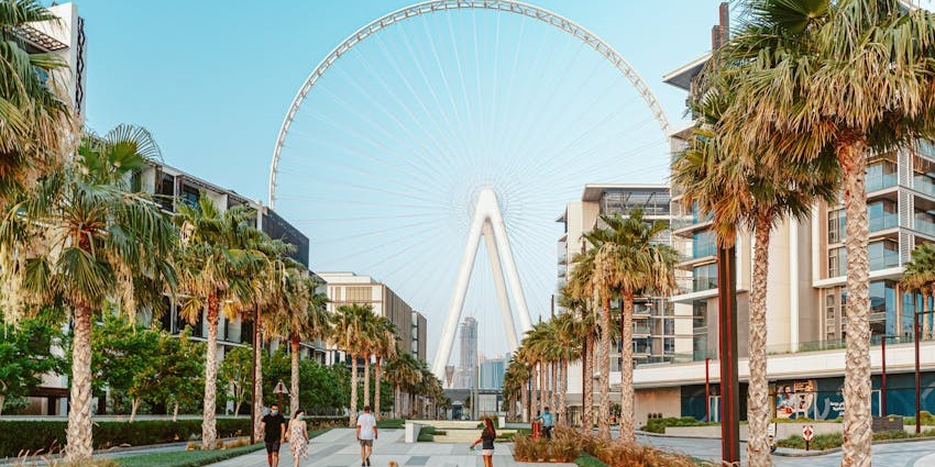 Bluewaters Island with the giant Ferris wheel Ain Dubai and surrounding waterfront views.