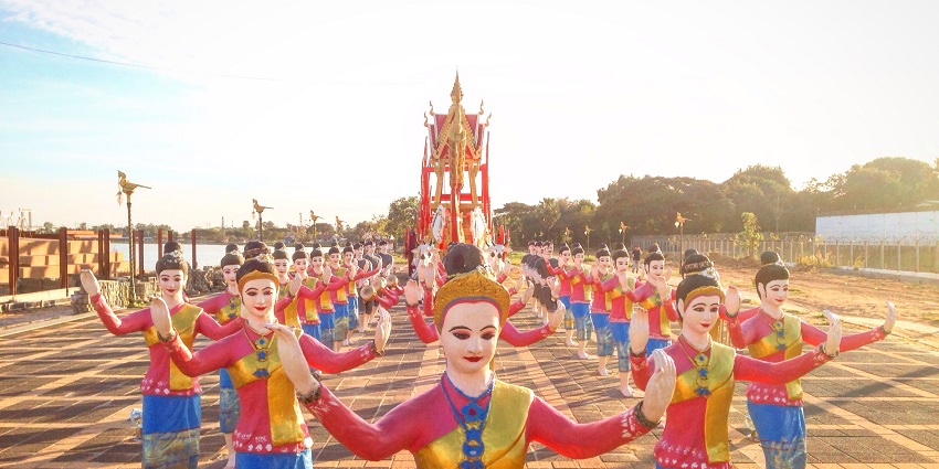 Statue-like decorated rockets arranged in neat rows during the colourful Rocket Festival