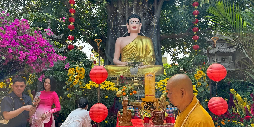 Devotees make prayers during the Buddha Festival in a serene and spiritual atmosphere.