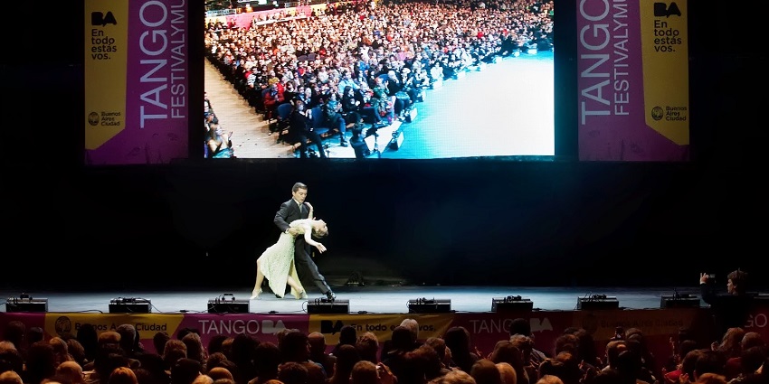 A pair of Tango dancers performing live on stage, at one of the festivals in Argentina.