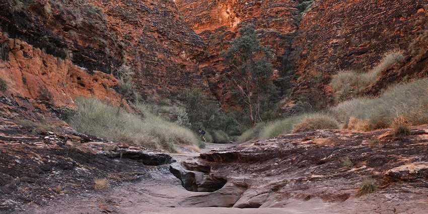 Striped beehive-shaped sandstone formations in a rugged desert landscape and a little sunlight