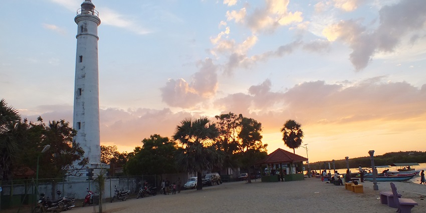 Scenic views of the lighthouse surrounded by trees adorned with sunset hues