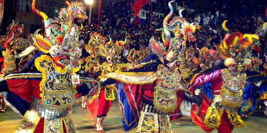 Masked dancers with elaborate costumes parade through Oruro during Bolivia’s most iconic festival.