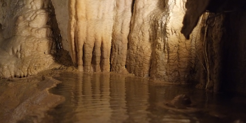 An image of a crystal-clear hidden pool inside a rocky cave formation in Aruba caves.